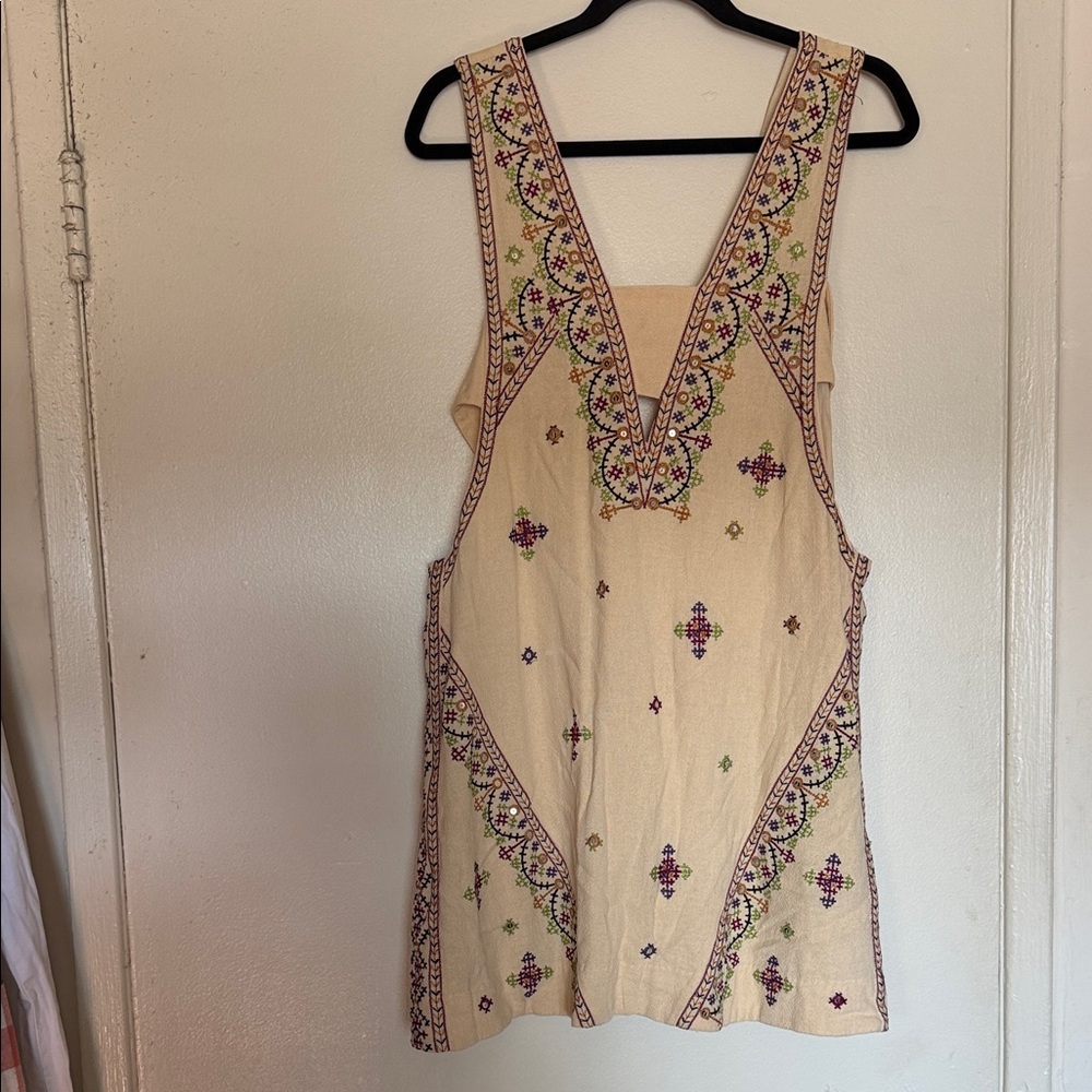 Free People Women's M Ivory Embroidered Sleeveless Mini Dress with Tie